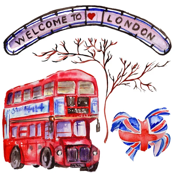 Aquarell London Illustration. große britische handgezeichnete Symbole. britischer Bus — Stockfoto