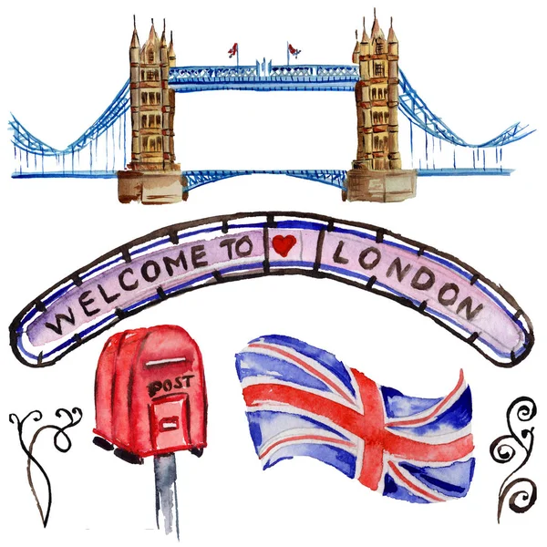 Aquarel illustratie van Londen. Groot-Brittannië hand getekende symbolen. — Stockfoto