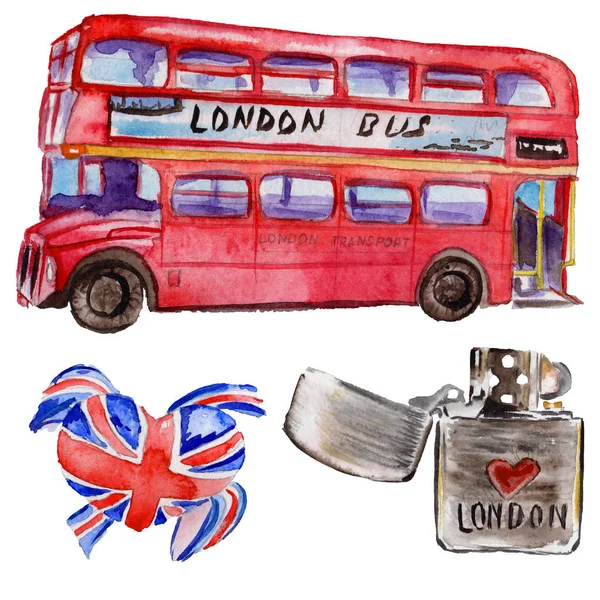 Watercolor London illustration. Great Britain hand drawn symbols. — Stock Photo, Image
