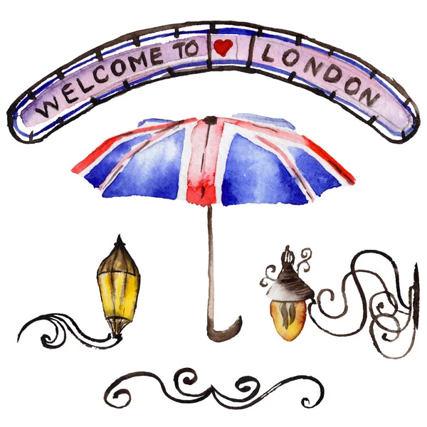 Acuarela ilustración de Londres. Gran Bretaña símbolos dibujados a mano . — Foto de Stock