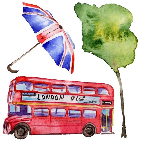 Watercolor London illustration. Great Britain hand drawn symbols. — Stock Photo, Image