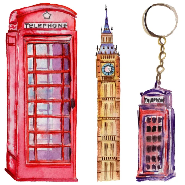 Aquarell London Illustration. große britische handgezeichnete Symbole. britisches Telefon. — Stockfoto