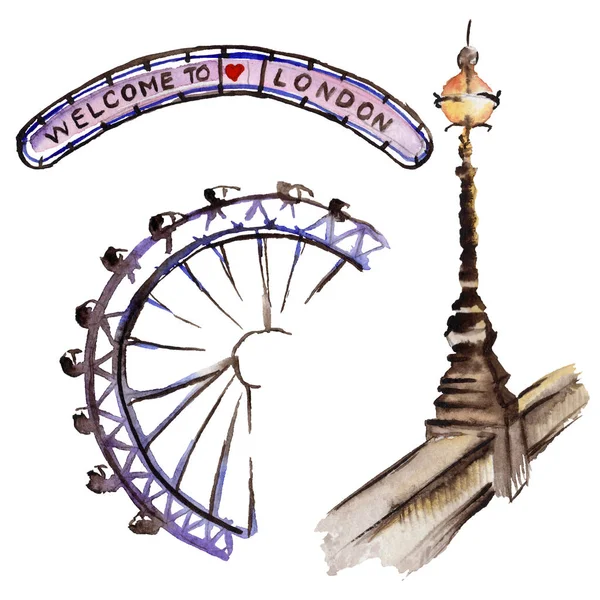 Watercolor London illustration. Great Britain hand drawn symbols. — Stock Photo, Image