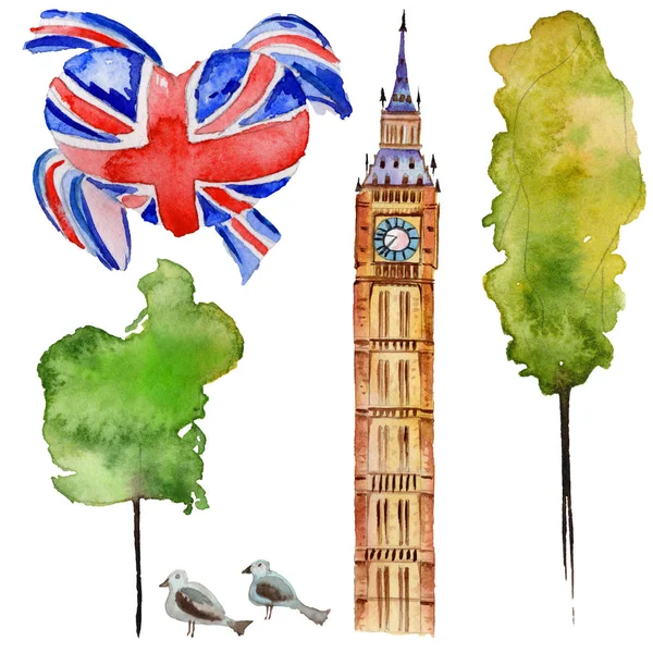 Suluboya Londra illüstrasyon. Büyük Britanya'nın el çizilmiş sembolleri. Big Ben. — Stok fotoğraf