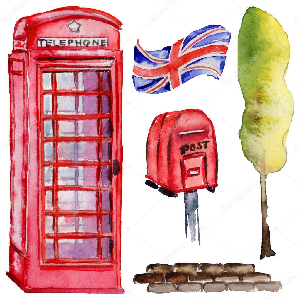 Watercolor London illustration. Great Britain hand drawn symbols. British phone.