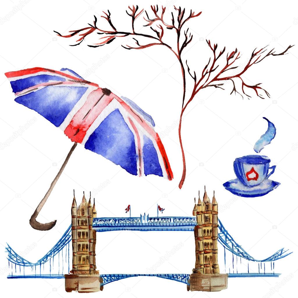 Watercolor London illustration. Great Britain hand drawn symbols.