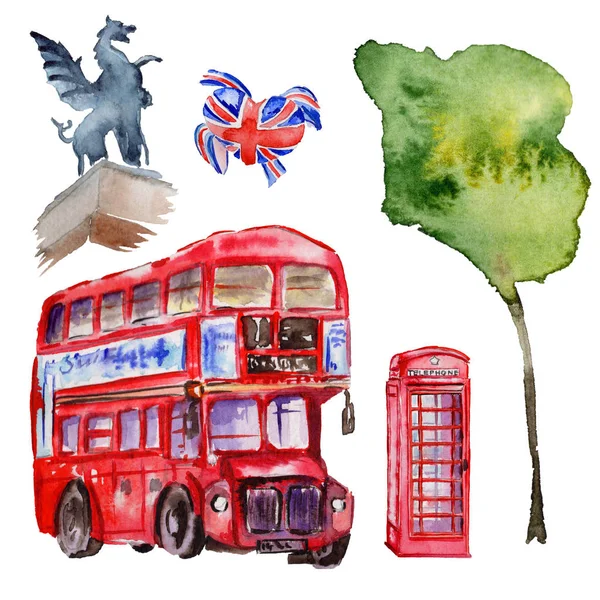 Aquarel illustratie van Londen. Groot-Brittannië de hand getekende symbolen. Britse bus — Stockfoto