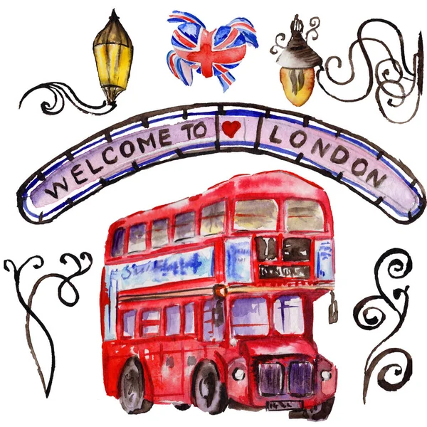 Aquarell London Illustration. große britische handgezeichnete Symbole. britischer Bus — Stockfoto