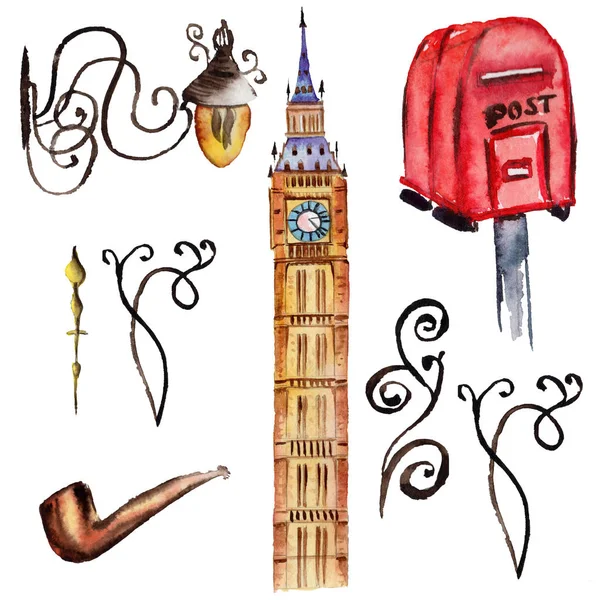 Watercolor London illustration. Great Britain hand drawn symbols. Big Ben. — Stock Photo, Image