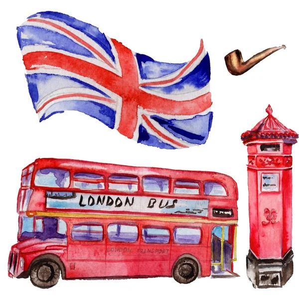 Acuarela ilustración de Londres. Gran Bretaña dibujó símbolos a mano. Autobús británico — Foto de Stock