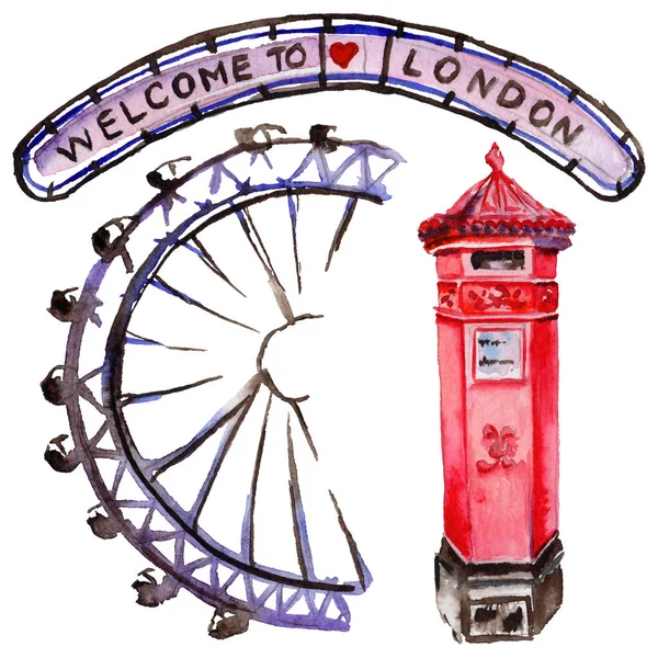 Akvarell London illustration. Great Britain handen ritade symboler. — Stockfoto