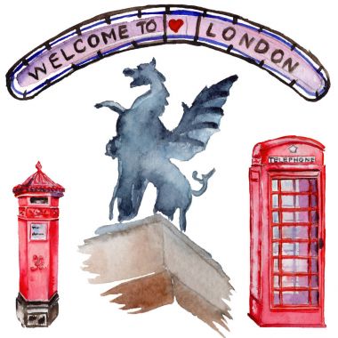 Suluboya Londra illüstrasyon. Büyük Britanya'nın el çizilmiş sembolleri.