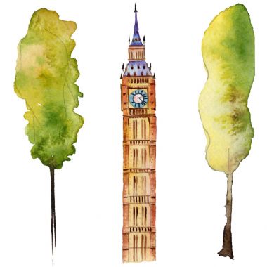 Suluboya Londra illüstrasyon. Büyük Britanya'nın el çizilmiş sembolleri. Big Ben.