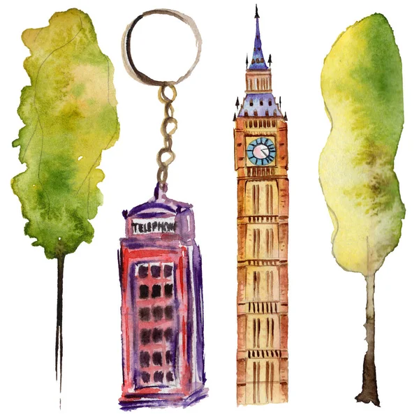 Illustrazione acquerello Londra. Gran Bretagna disegnato a mano simboli. Big Ben . — Foto Stock