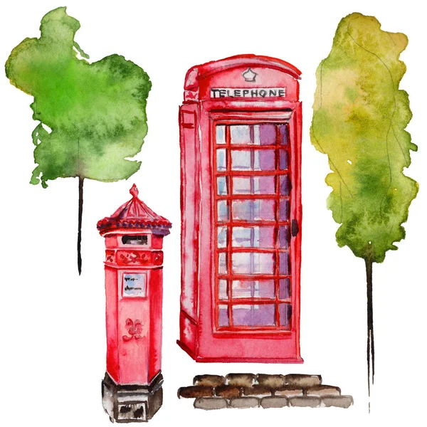 Suluboya Londra illüstrasyon. Büyük Britanya'nın el çizilmiş sembolleri. İngiliz telefon. — Stok fotoğraf