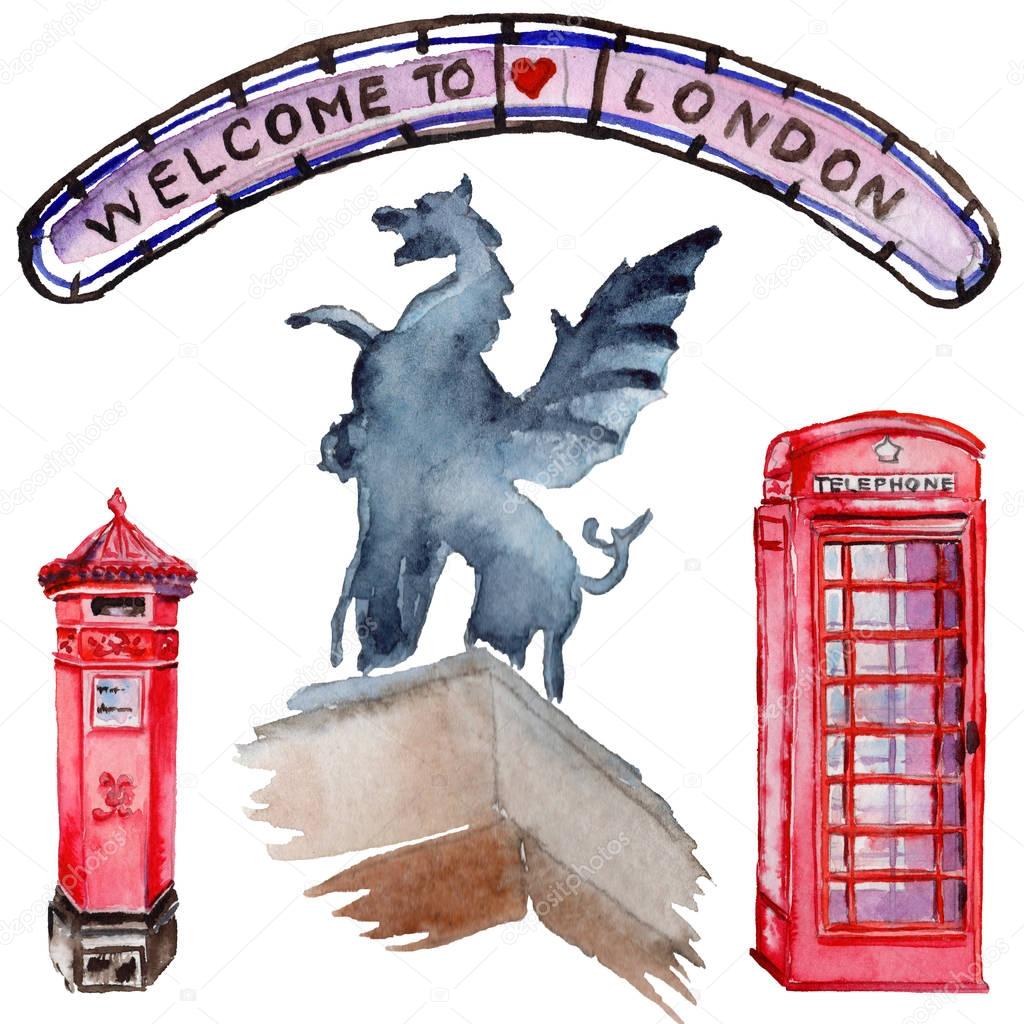 Watercolor London illustration. Great Britain hand drawn symbols.