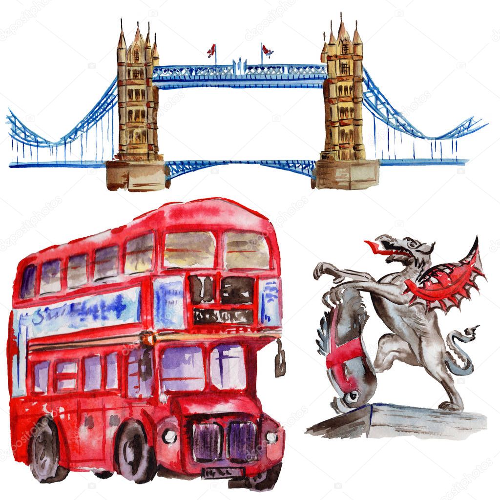 Watercolor London illustration. Great Britain hand drawn symbols. British bus