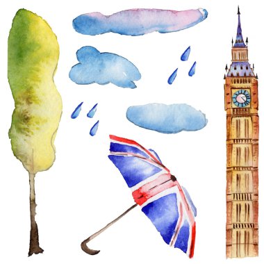 Suluboya Londra illüstrasyon. Büyük Britanya'nın el çizilmiş sembolleri.