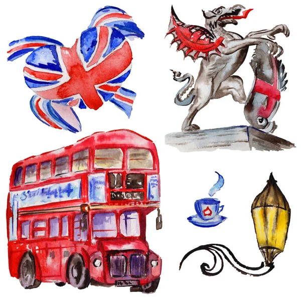 Watercolor ilustração de Londres. Grã-Bretanha símbolos desenhados à mão. Autocarro britânico — Fotografia de Stock