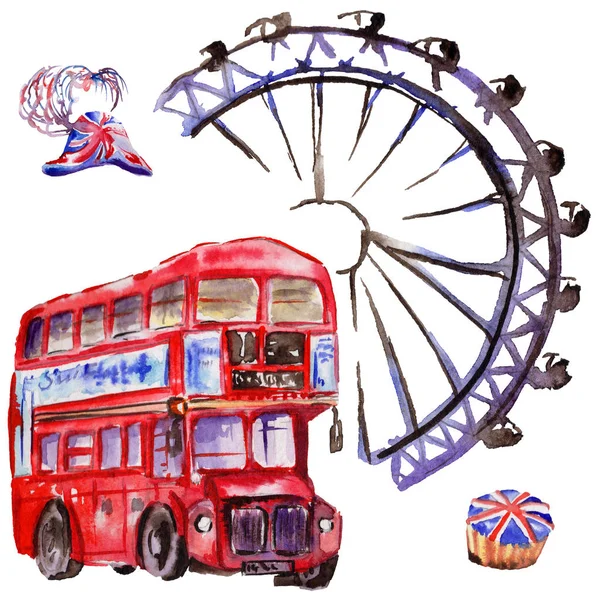 Watercolor London illustration. Great Britain hand drawn symbols. British bus — Stock Photo, Image