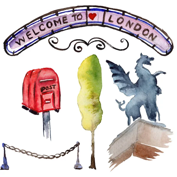 Akwarela ilustracja Londyn. Wielkiej Brytanii ręcznie rysowane symboli. — Zdjęcie stockowe