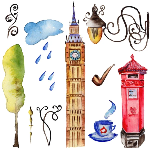 Illustrazione acquerello Londra. Gran Bretagna disegnato a mano simboli. Big Ben . — Foto Stock