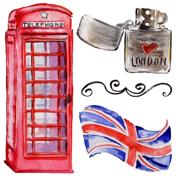 Aquarell London Illustration. große britische handgezeichnete Symbole. britisches Telefon. — Stockfoto