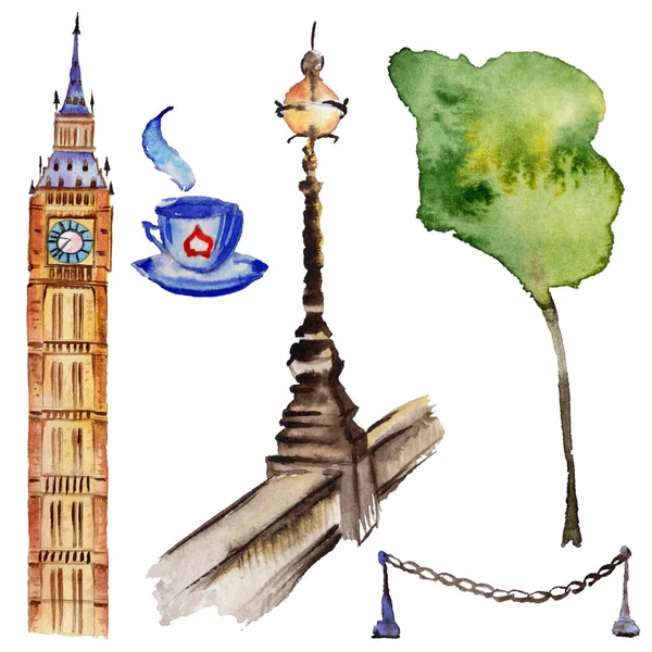 Acuarela ilustración de Londres. Gran Bretaña símbolos dibujados a mano . — Foto de Stock