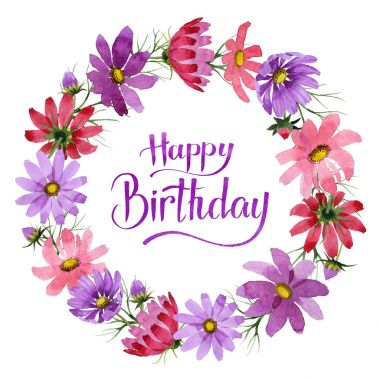 Kır çiçeği kosmeya çiçek çelenk izole bir suluboya tarzında.