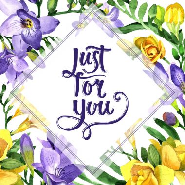 Kır çiçeği fresia çiçek çerçeve suluboya tarzında.