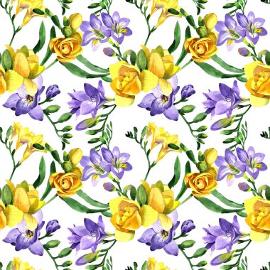 Kır çiçeği fresia çiçek deseni suluboya tarzında.