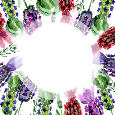 Kır çiçeği lavanta çiçek çerçeve suluboya tarzında.