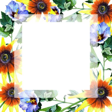 Kır çiçeği ayçiçeği çiçek çerçeve suluboya tarzında.
