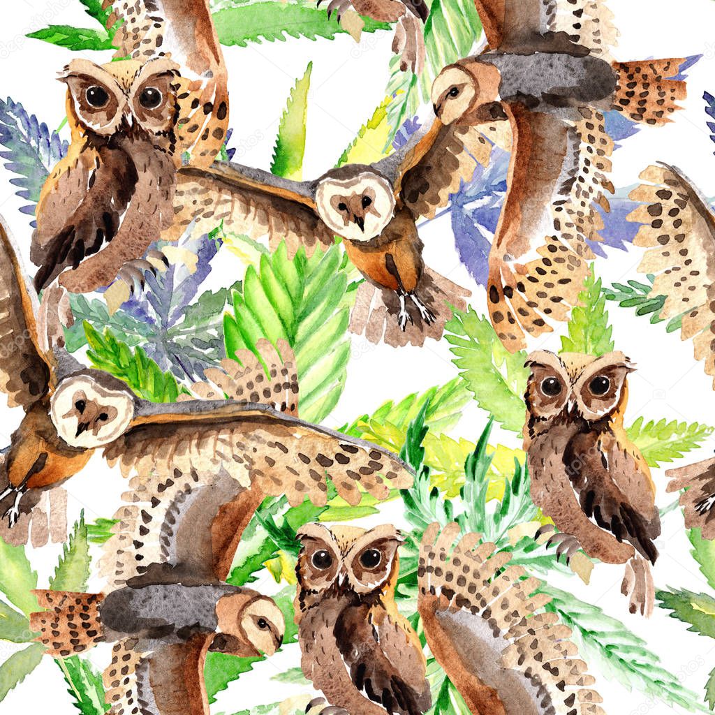 Sky bird owl pattern in a wildlife by watercolor style.