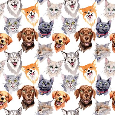 Egzotik kedi ve köpek vahşi hayvan desen suluboya tarzında.