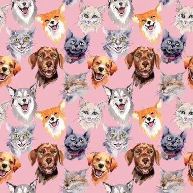 Egzotik kedi ve köpek vahşi hayvan desen suluboya tarzında.