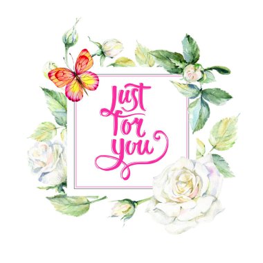 Kır çiçeği rosa çiçek çerçeve suluboya tarzında.