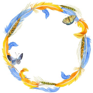 Gökyüzü kuş papağan çelenk içinde suluboya stili tarafından bir yaban hayatı.