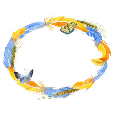 Gökyüzü kuş papağan çelenk içinde suluboya stili tarafından bir yaban hayatı.