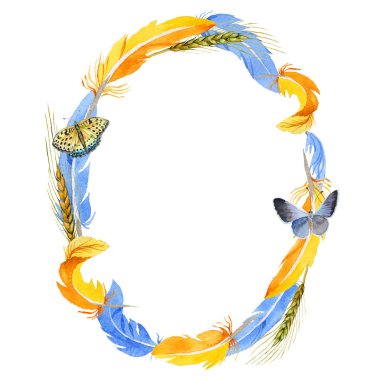 Gökyüzü kuş papağan çelenk içinde suluboya stili tarafından bir yaban hayatı.