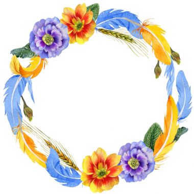 Gökyüzü kuş papağan çelenk içinde suluboya stili tarafından bir yaban hayatı.