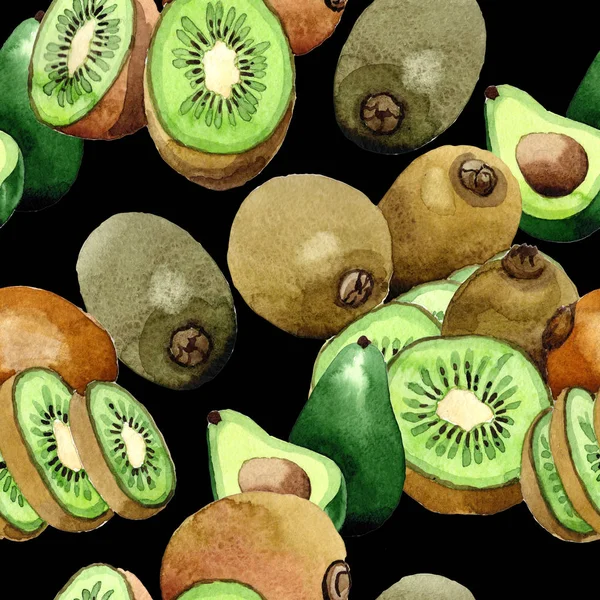 Kiwi esotico e avocado modello frukt selvaggio in stile acquerello . — Foto Stock