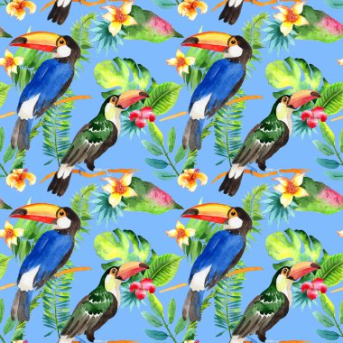 Gökyüzü kuş toucan desende bir yaban hayatı suluboya stili tarafından.