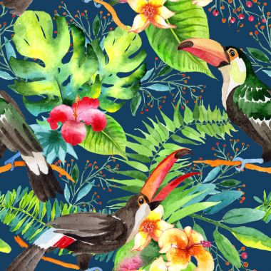Gökyüzü kuş toucan desende bir yaban hayatı suluboya stili tarafından.