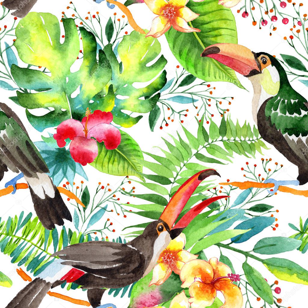 Sky bird toucan  pattern in a wildlife by watercolor style.