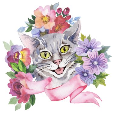 Kedi vahşi hayvan çelenk suluboya tarzında.