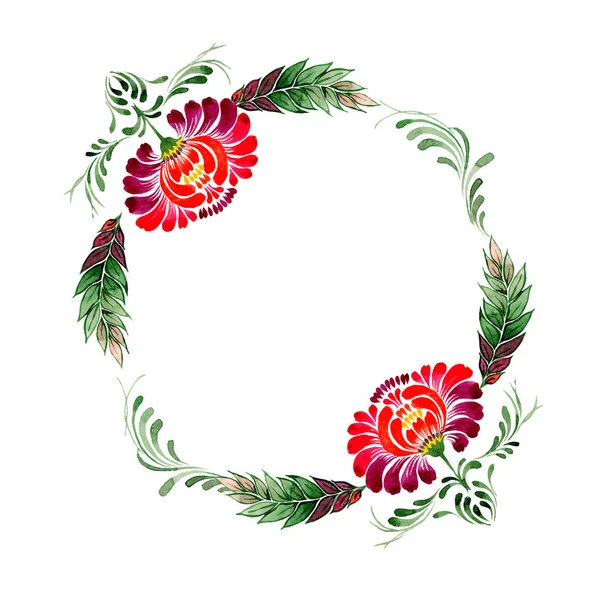 Wildflower petrikovka flower wreath in a watercolor style. — Stock Photo, Image