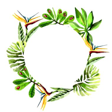 Tropikal Hawaii palmiye ağacı çelenk suluboya tarzında bırakır..