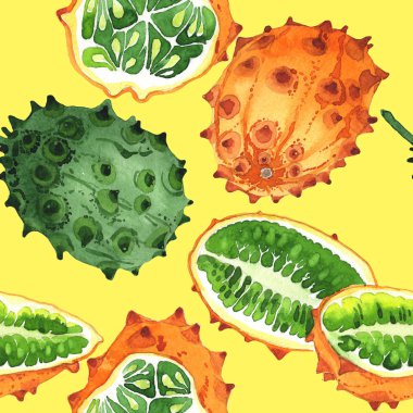 Egzotik kiwano yabani meyve deseni suluboya tarzında.