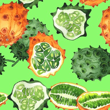 Egzotik kiwano yabani meyve deseni suluboya tarzında.